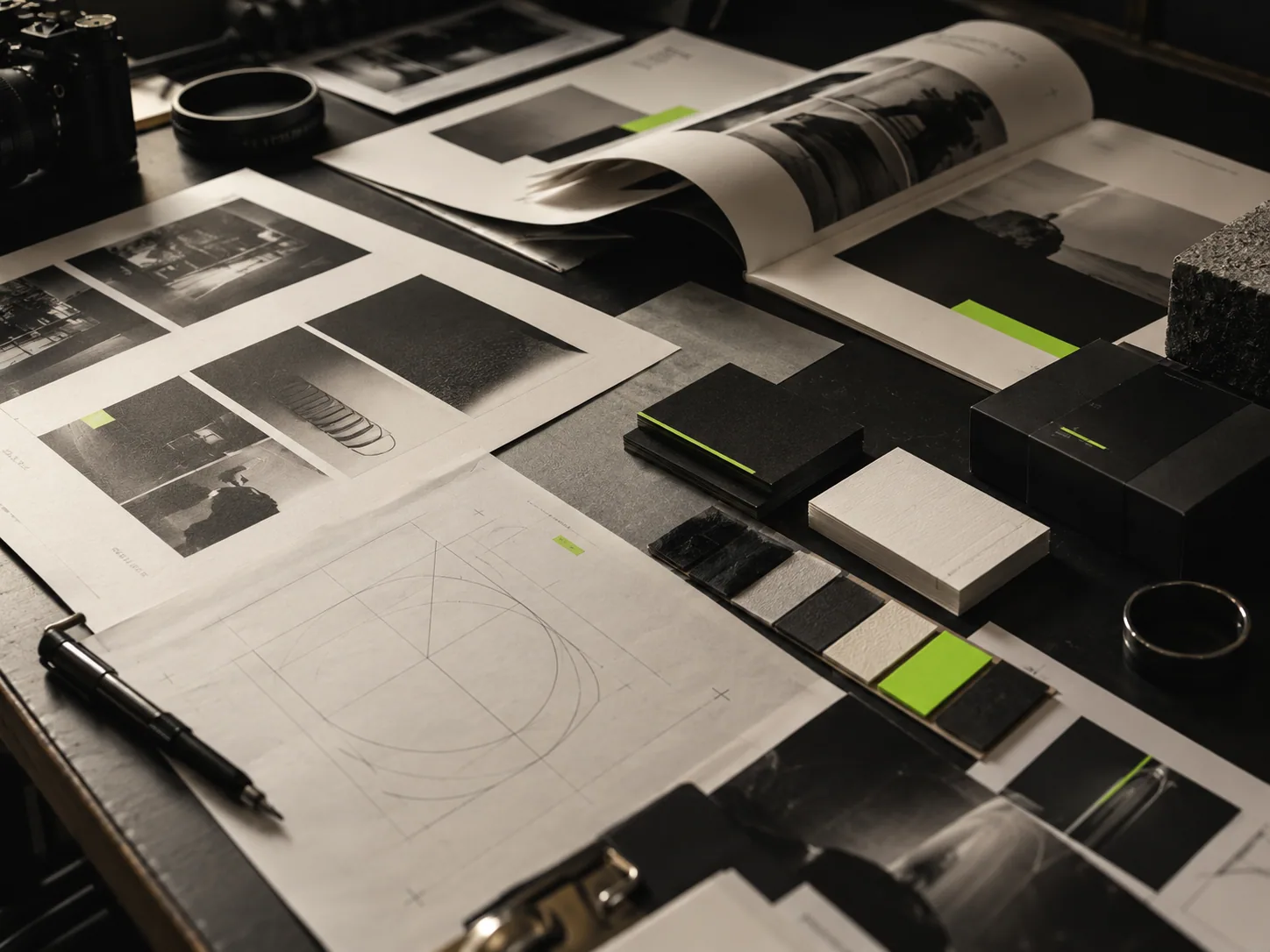 Brand identity references, printed materials and colour samples arranged on a studio table.