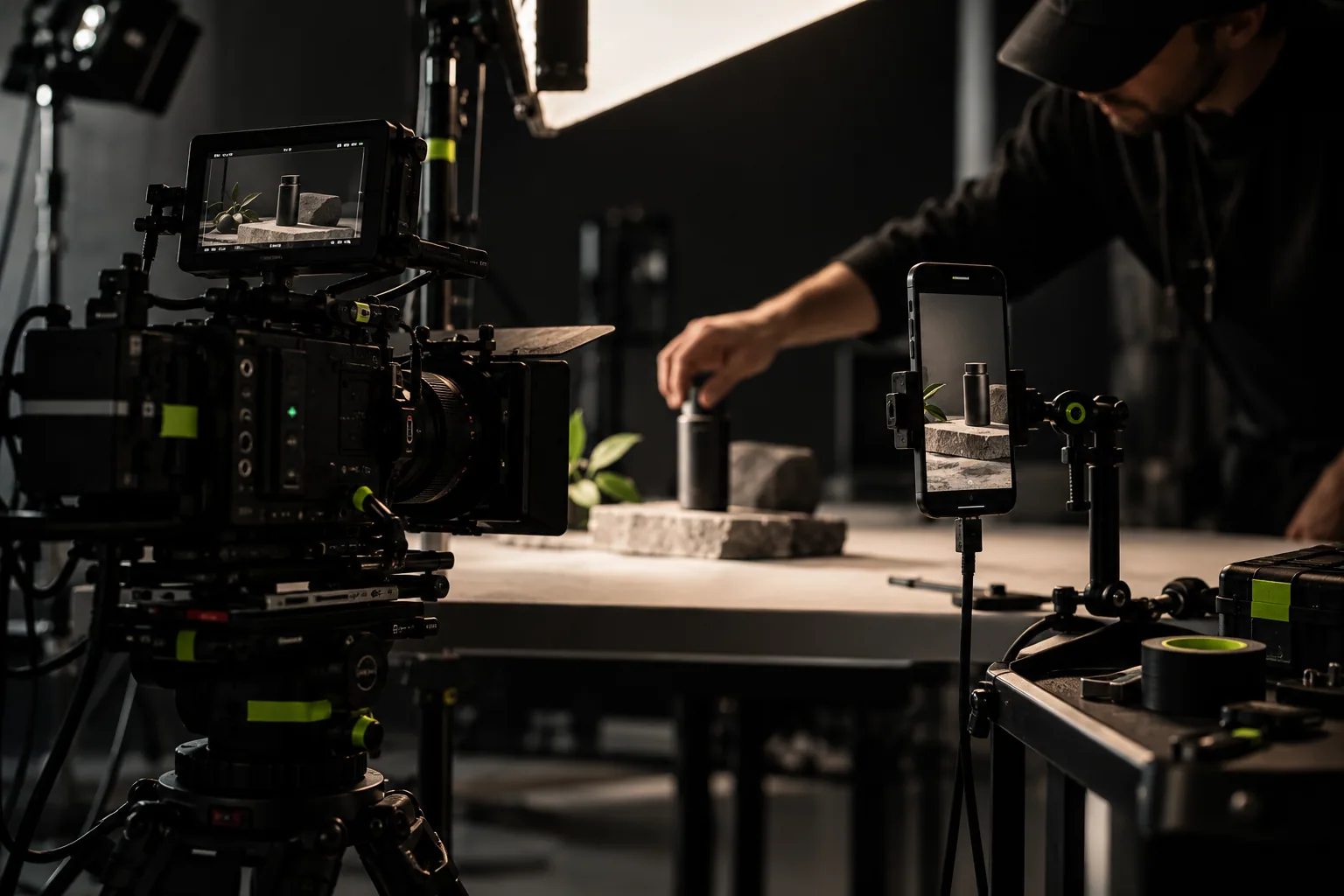 Behind-the-scenes product shoot using a cinema camera and a vertical mobile setup.