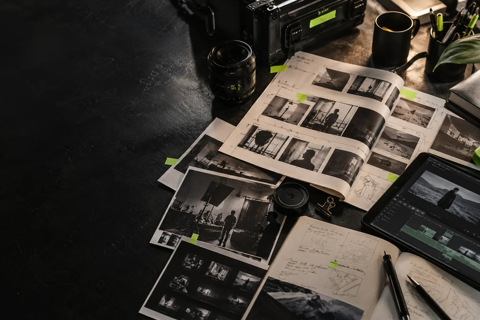 Creative production workspace with storyboards, photographs and cinema equipment.