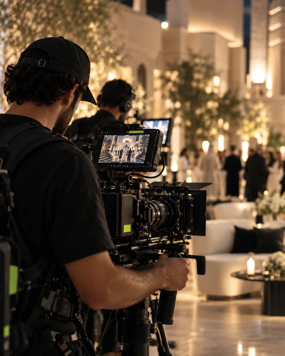 Camera operator filming a formal event in a warmly lit venue.