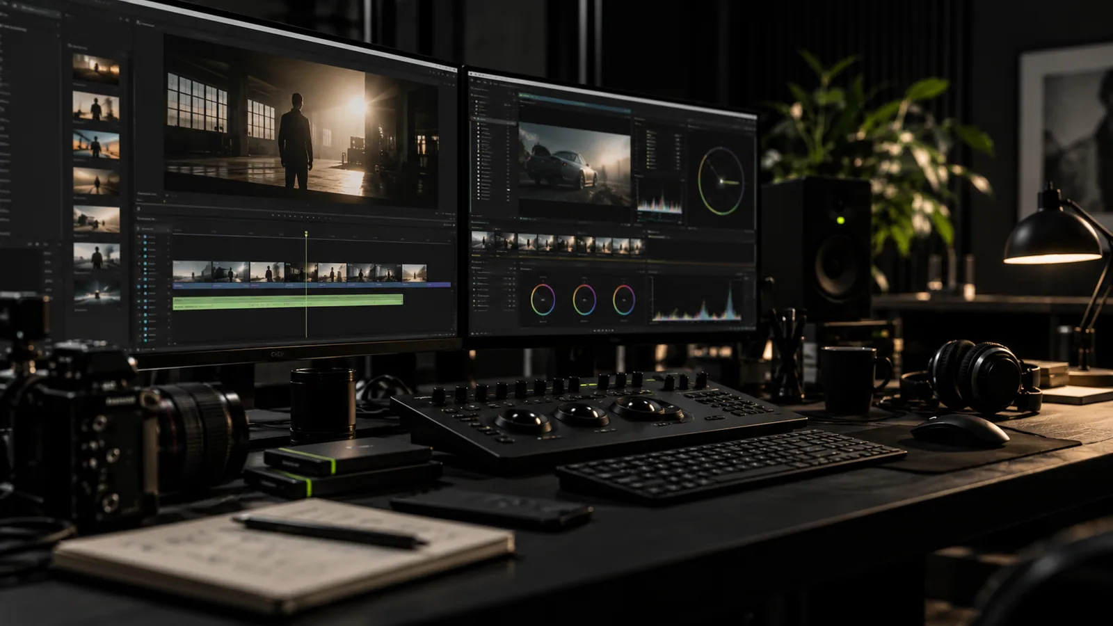 Video editing and colour grading workstation in a dark production studio.