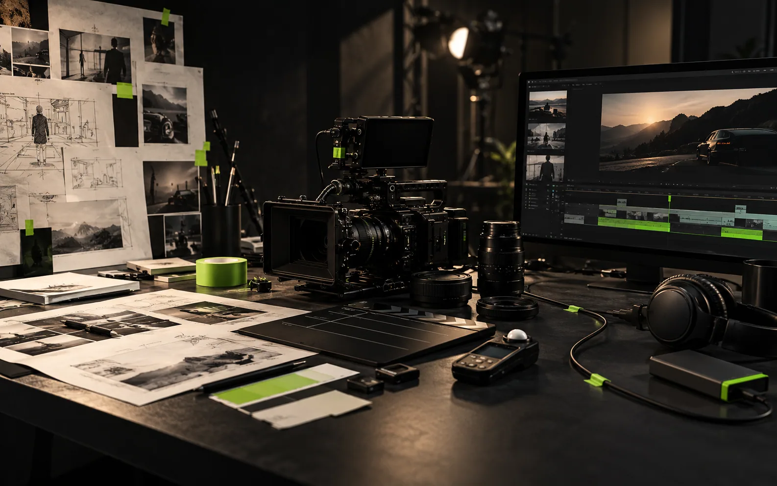 Filmmaking workspace with storyboards, camera equipment and an editing display.