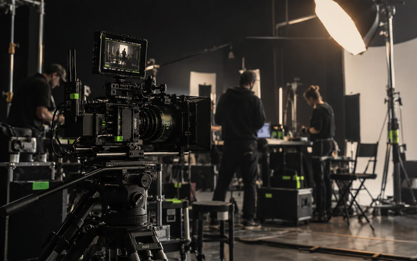 Cinema camera and crew preparing a filmed production set.