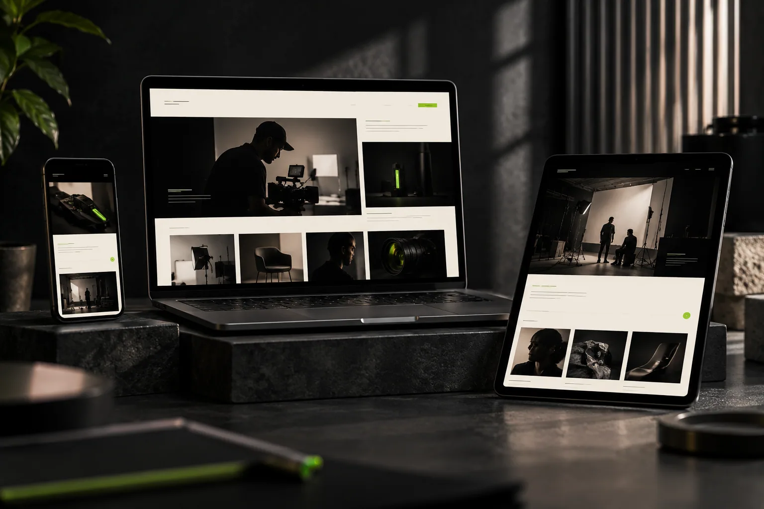 Website experience displayed across a laptop, tablet and mobile phone in a creative workspace.